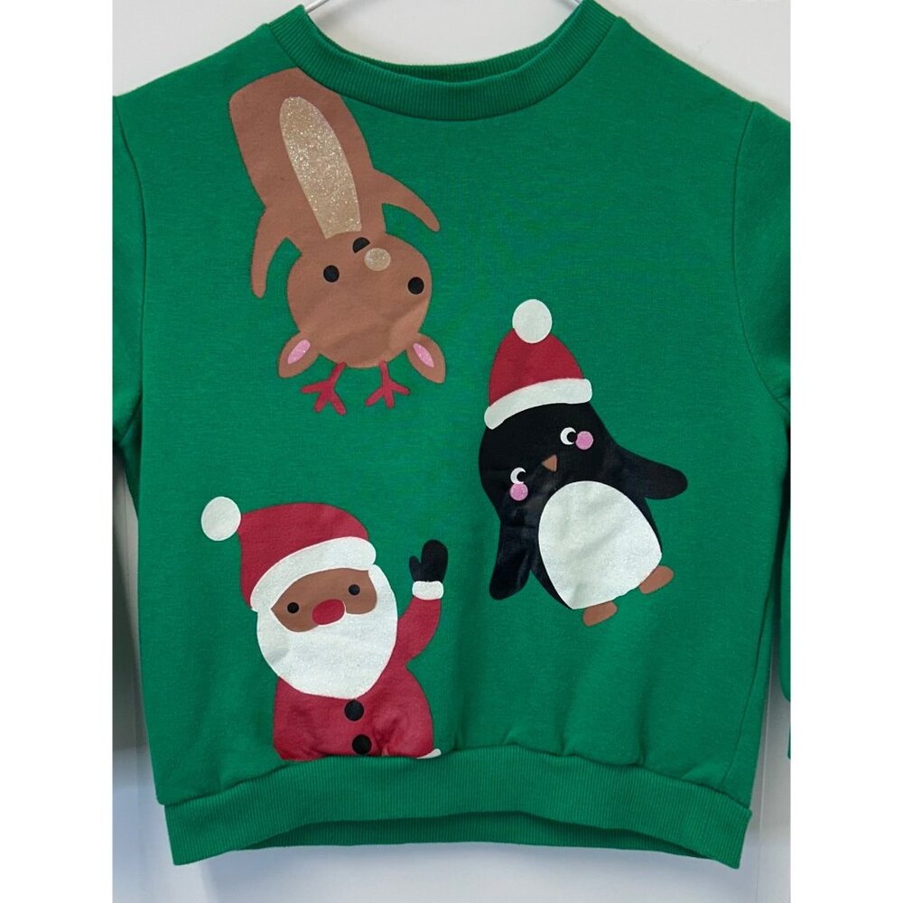 H&M Kids Green Christmas Sweatshirt Santa Penguin Reindeer Novelty Ugly Sweater - Picture 3 of 8